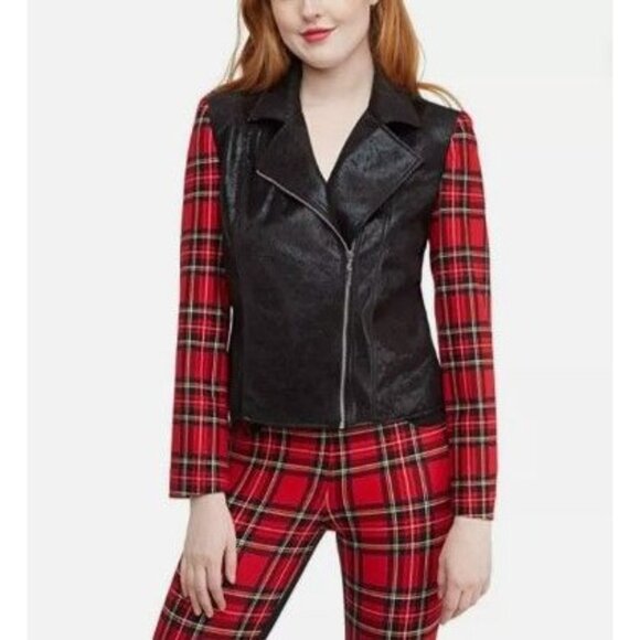 Womens Nygard Shirt Zip Front Medium Black Faux Leather & Red Plaid Long Sleeve - Picture 2 of 11